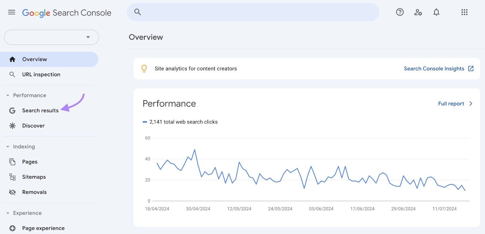 Google Search Console home with &ldquo;Search results&rdquo; under &ldquo;Performance&rdquo; clicked