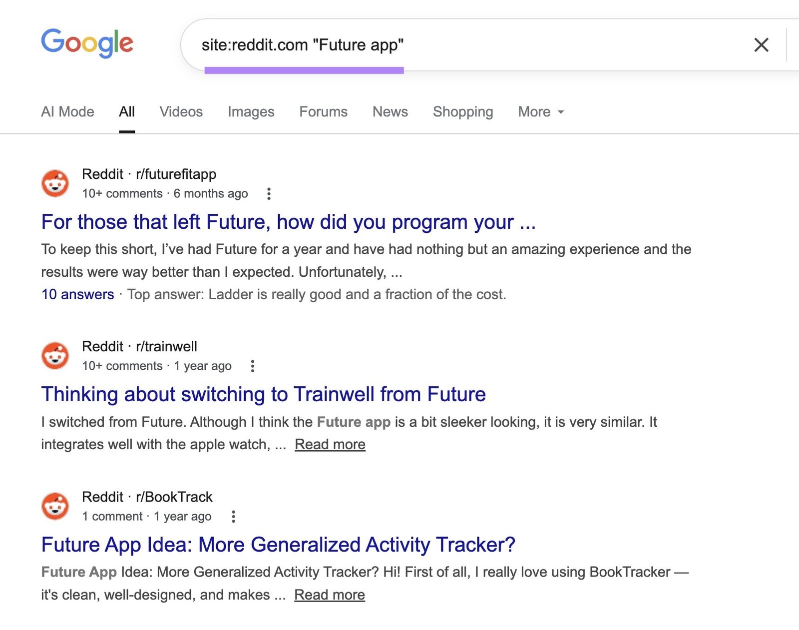 Google SERP with a site search operator entered showing a list of Reddit threads that mention a competing brand.