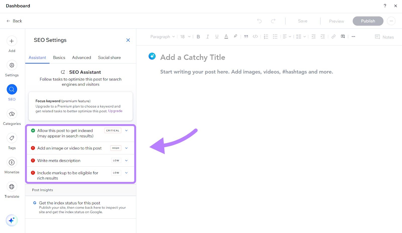 built-in SEO assistant in Wix editor