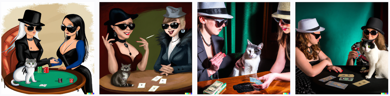 DALL-E 2 results for &ldquo;A female gangster wears a fedora, a cat wears sunglasses, they talk around a poker table&rdquo; prompt