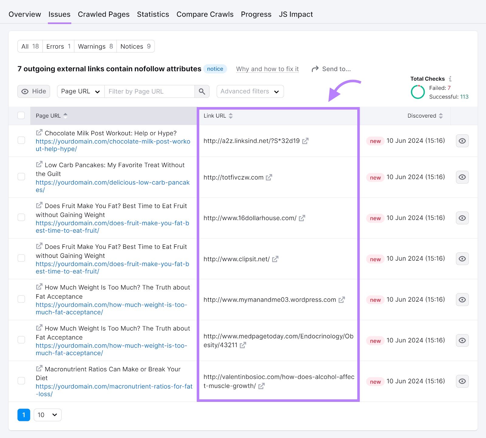 Site Audit tool "7 outgoing external links contain nofollow attributes" page with the "Link URL" column highlighted