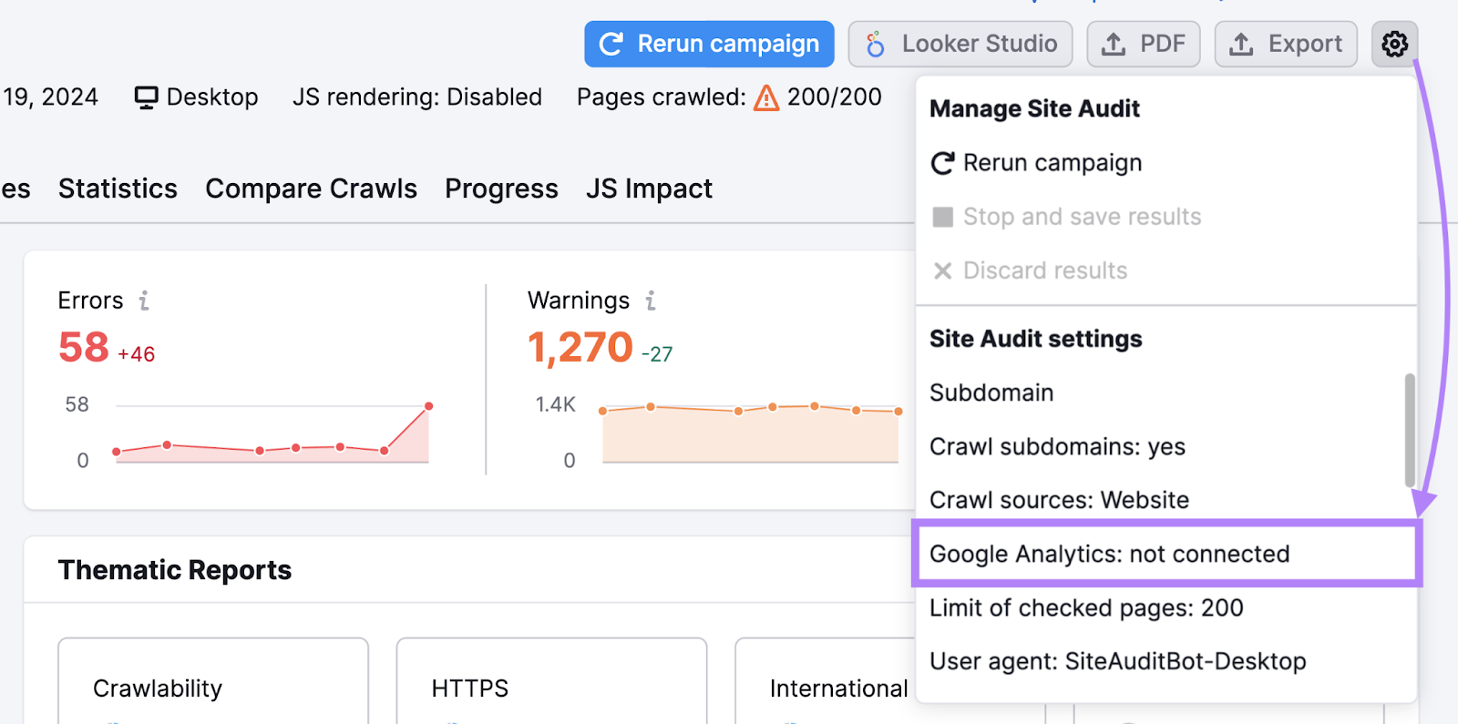&ldquo;Google Analytics: not connected" button in Site Audit tool