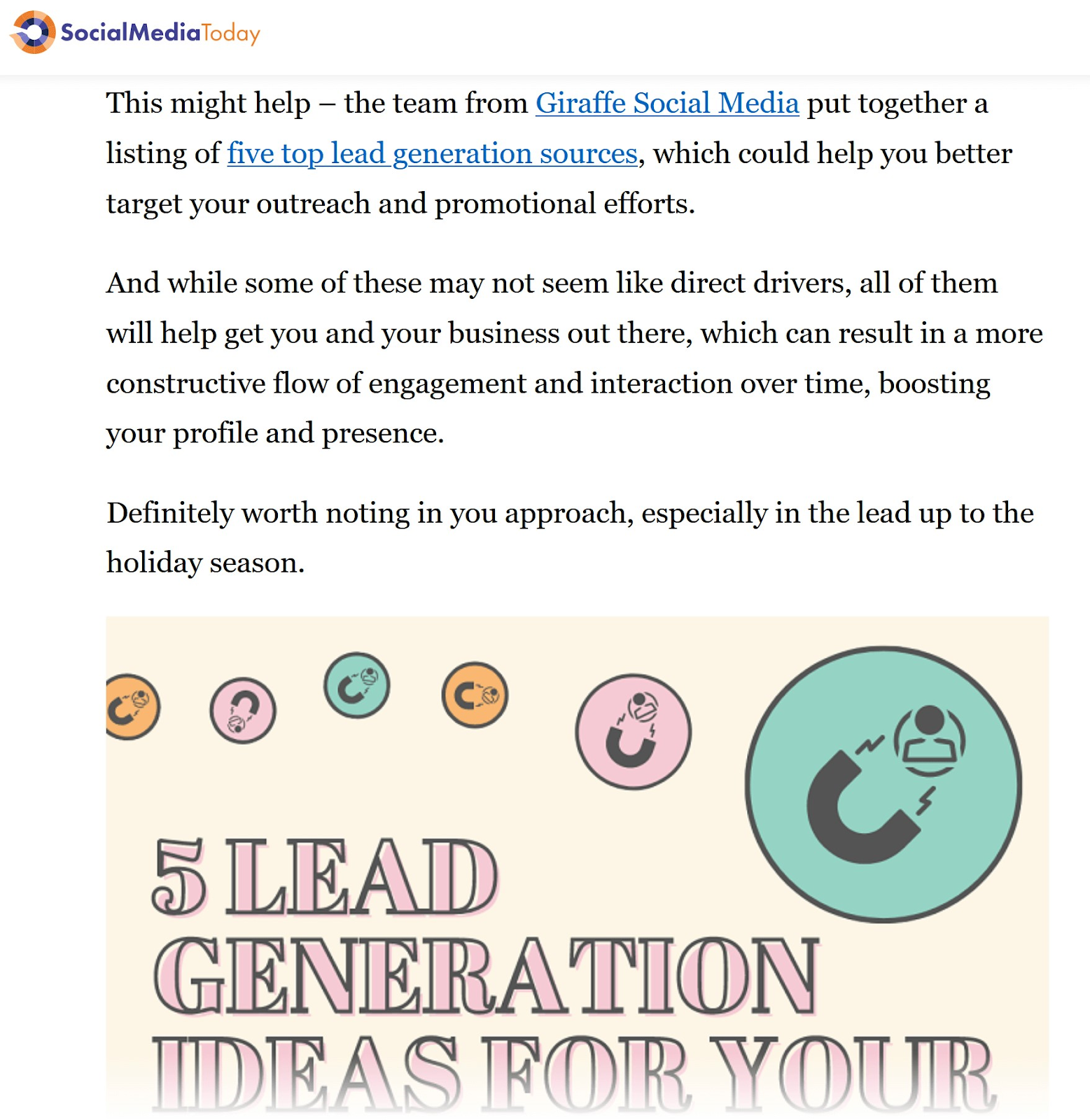 Social Media Today&rsquo;s post about Giraffe&rsquo;s infographic &ldquo;five lead generation ideas&rdquo;