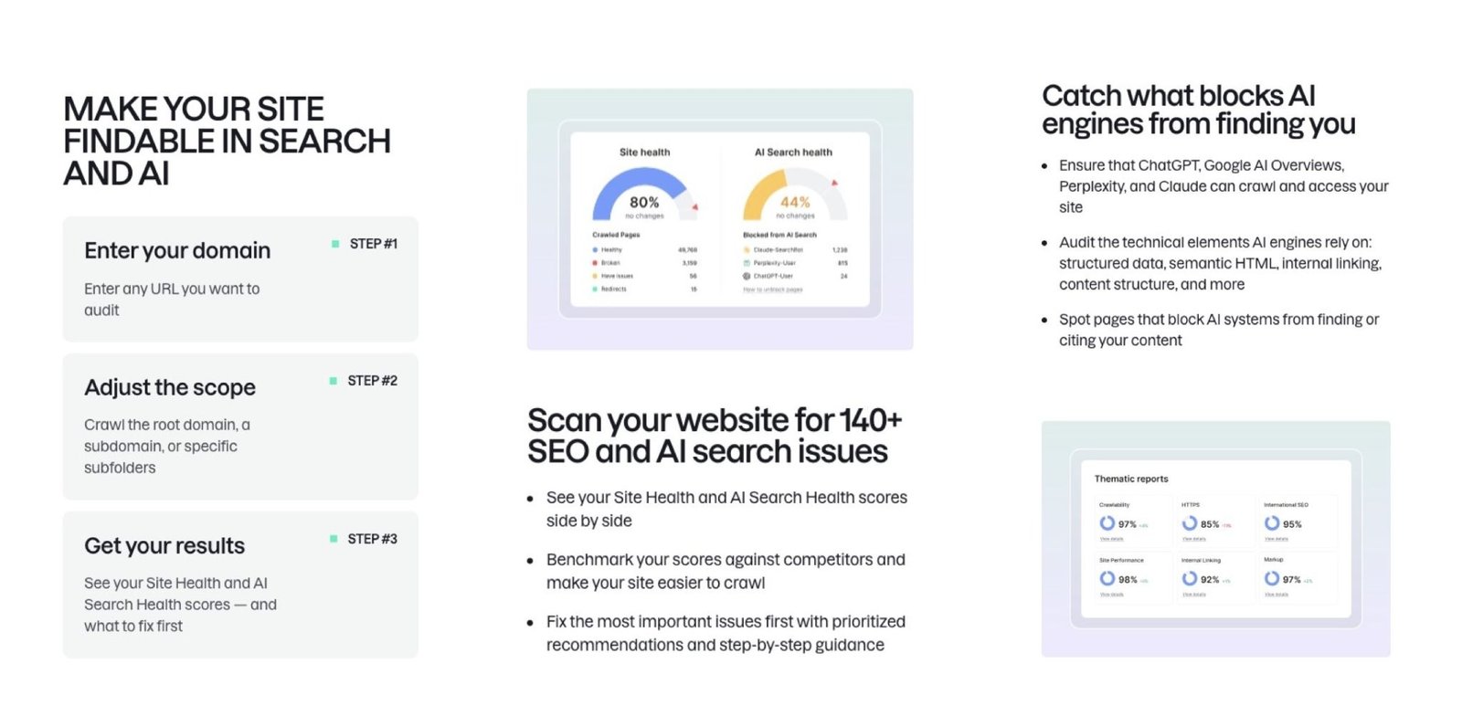 Side-by-side mobile screenshots of the middle section of a landing page by Semrush highlighting features and benefits of the tool.