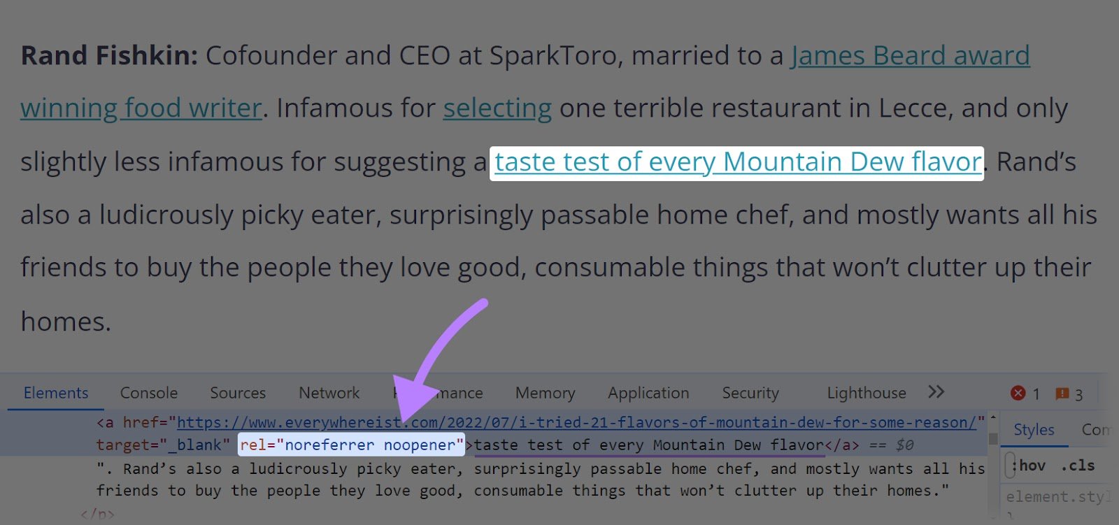 The above link on the SparkToro blog has a &ldquo;rel&rdquo; attribute of &ldquo;noreferrer noopener"