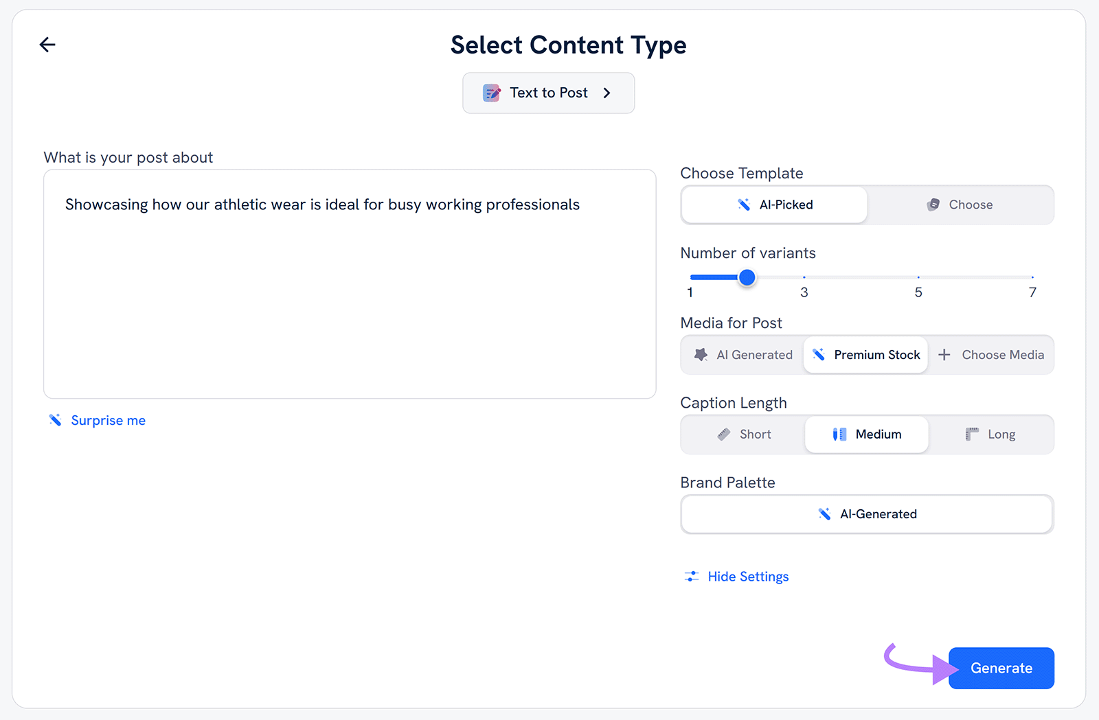 AI Social Content post creation form with text entered and arrow pointing to &ldquo;Generate&rdquo; button.