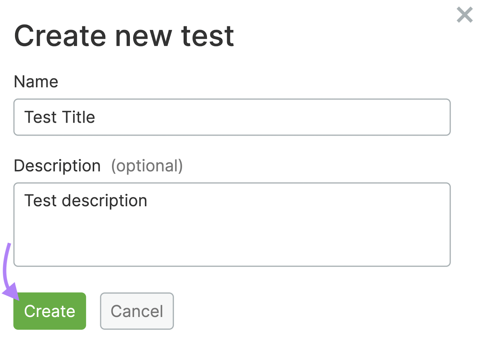 &ldquo;Create new test&rdquo; page