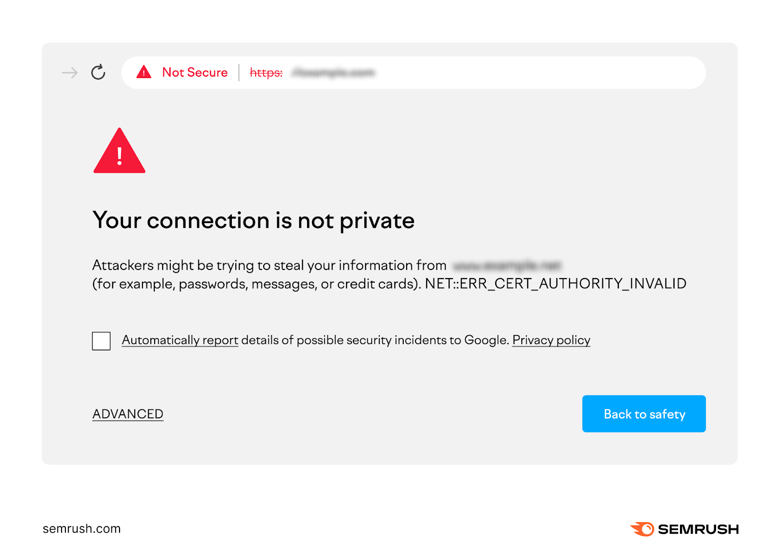 &ldquo;Not secure&rdquo; warning reading "Your connection is not private" followed by an explanation that attackers might be trying to steal your information