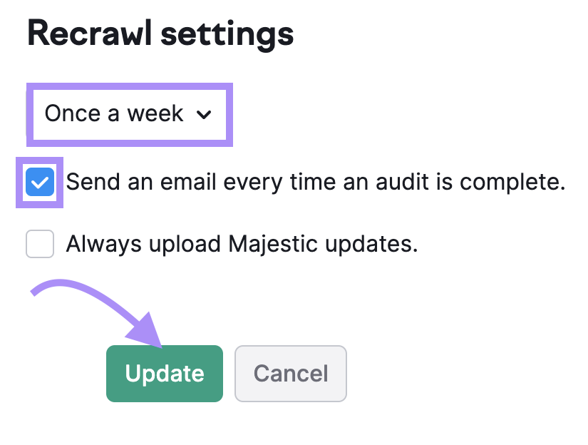 &ldquo;Recrawl settings" pop up window