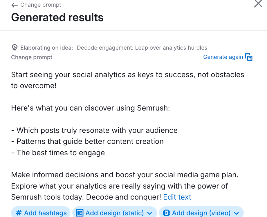 Semrush&rsquo;s Social Content AI generated results