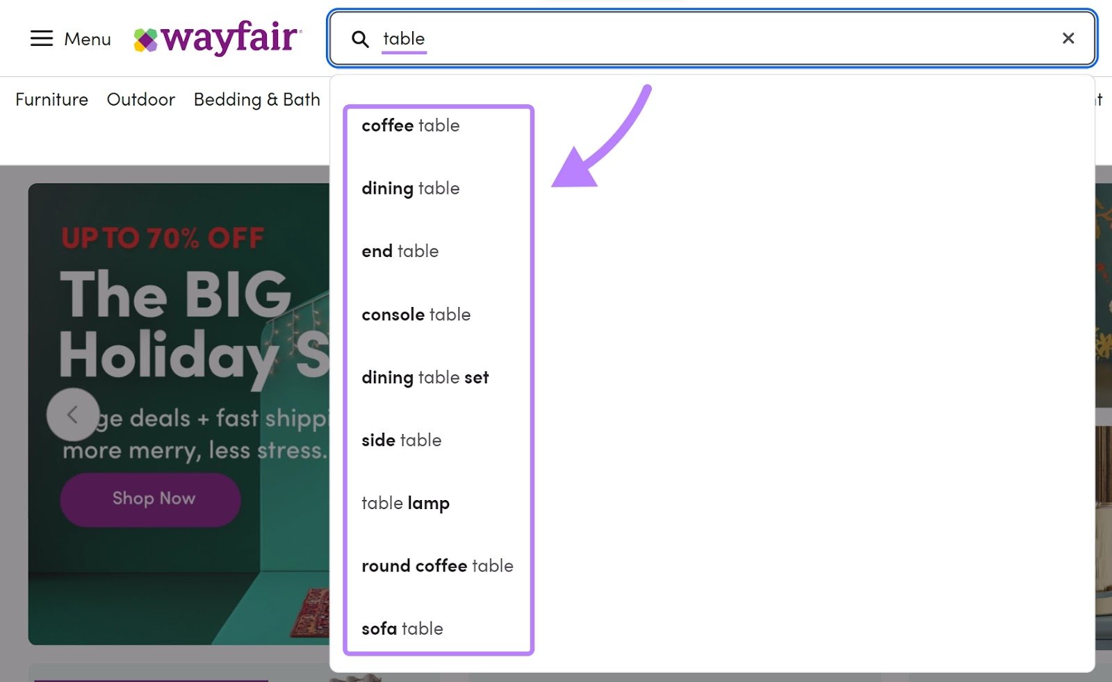 Wayfair&rsquo;s search navigation suggestions when typing "table" in the search bar