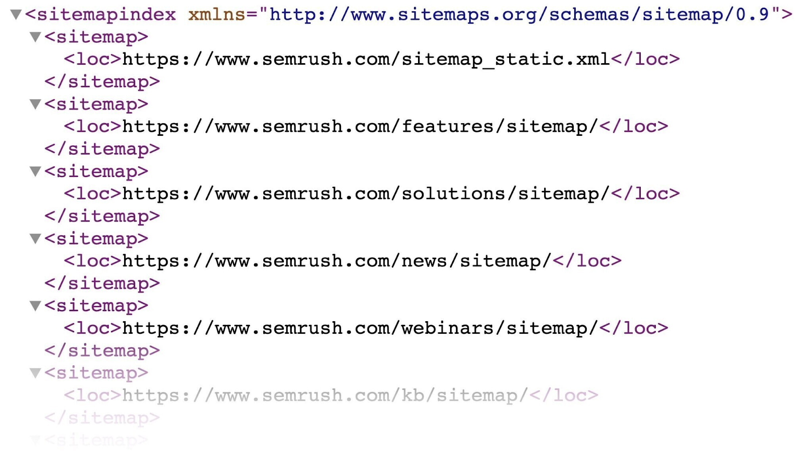 Semrush Sitemap index file showing URLs in XML format
