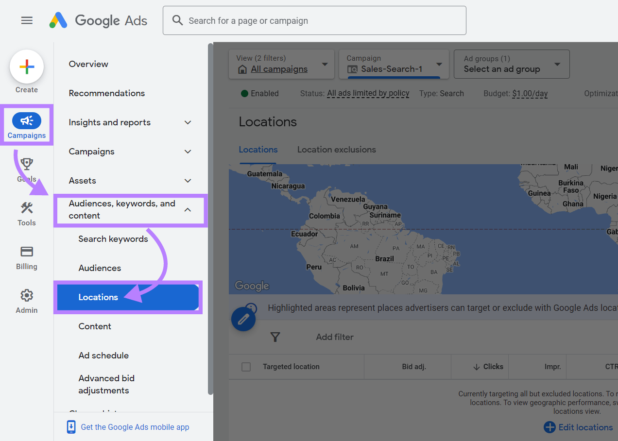Navigating to &ldquo;Locations" in Google Ads sidebar