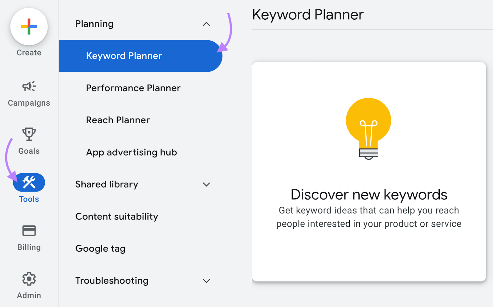 Navigating to &ldquo;Keyword Planner" in Google Ads
