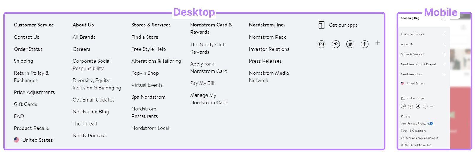 Nordstrom&rsquo;s desktop menu (left) and mobile menu (right)