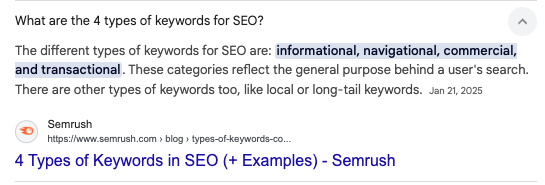 featured snipper for &ldquo;What are the 4 types of keywords for SEO?&rdquo;
