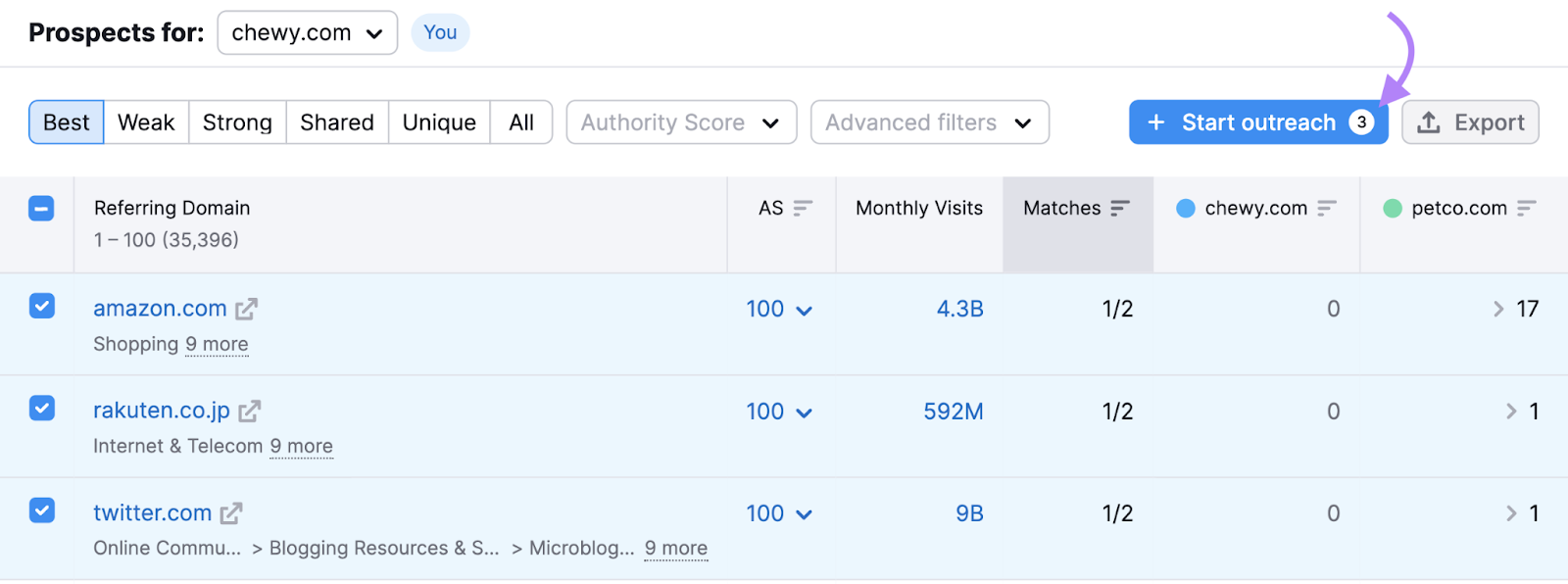 &ldquo;+ Start Outreach&rdquo; button in Link Building Tool