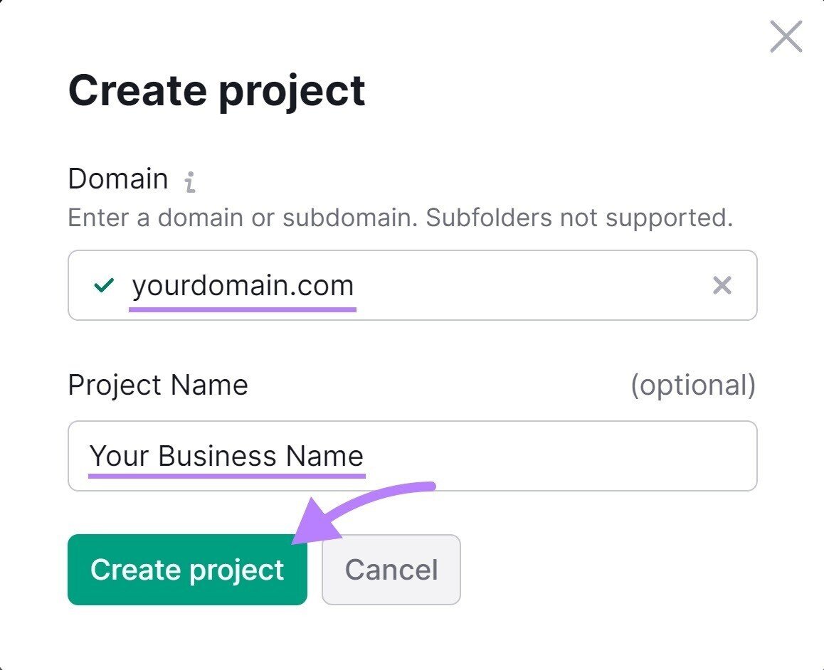 &ldquo;Create project&rdquo; popup window