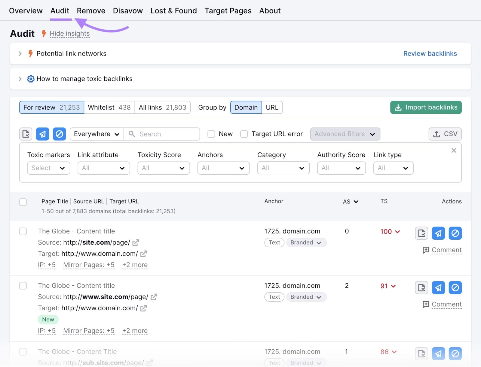 &ldquo;Audit&rdquo; report in Backlink Audit tool shows backlinks by domain
