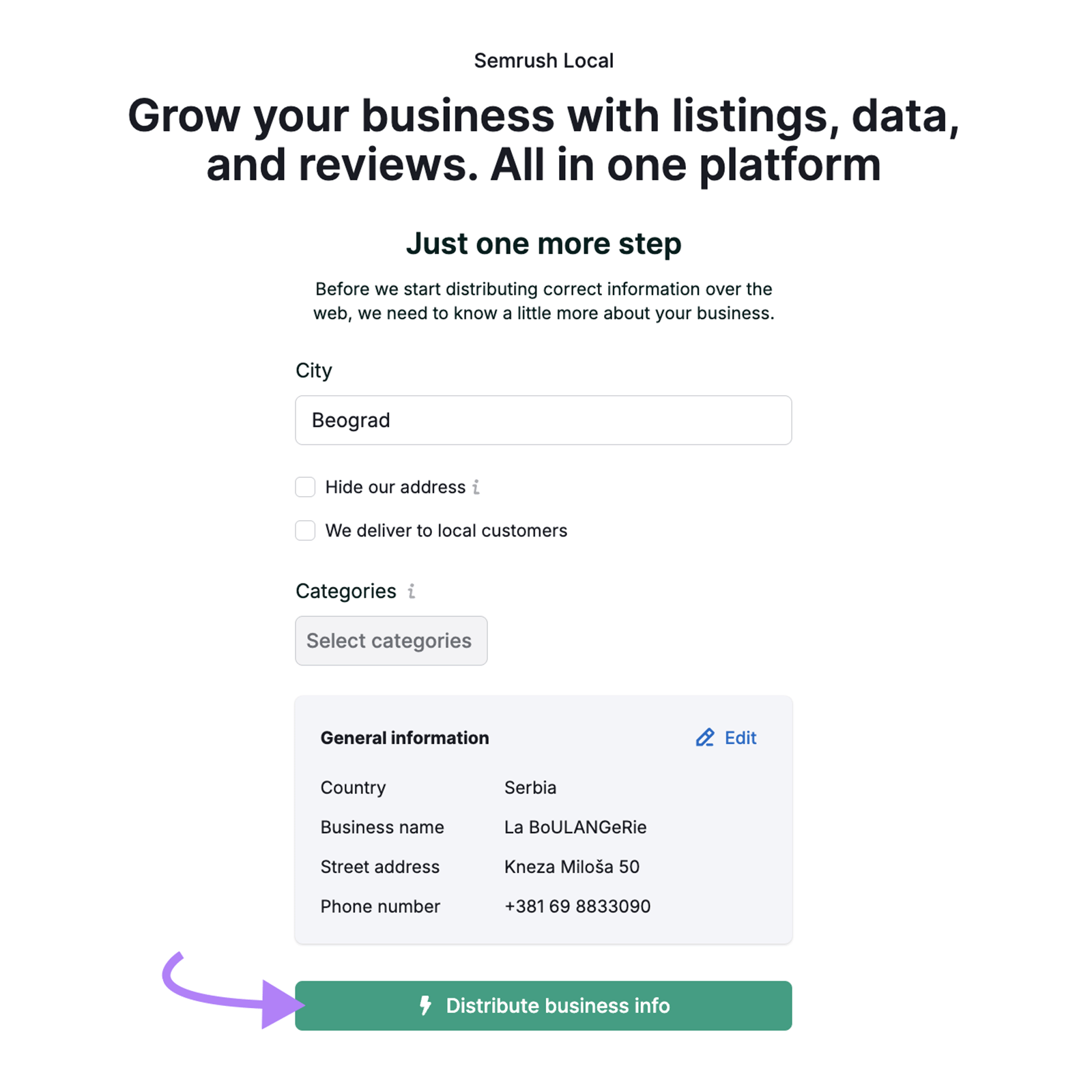 Form with city, address, and green &ldquo;Distribute business info&rdquo; button with purple arrow