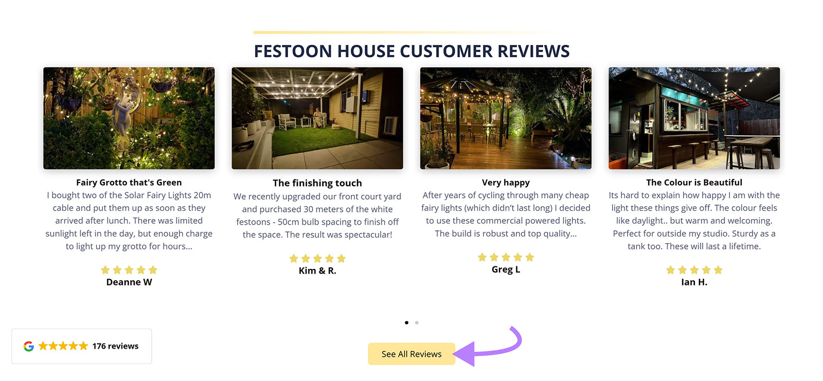 Festoon House&rsquo;s homepage displaying customer reviews and linking to reviews landing page