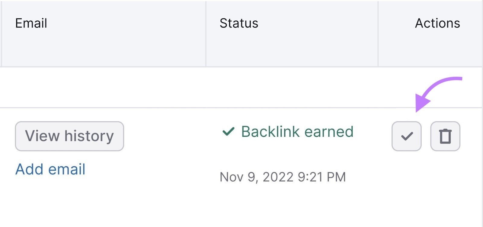 A check mark in &ldquo;Actions&rdquo; with "Backlink earned" text