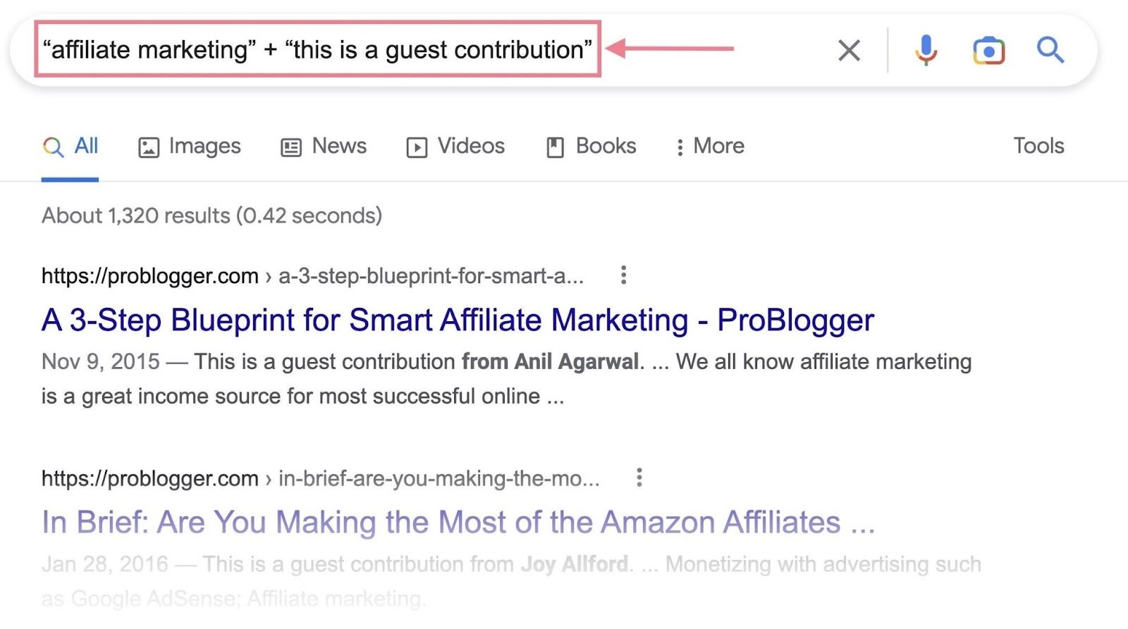 Google search for "affiliate marketing&rdquo; + &ldquo;this is a guest contribution"