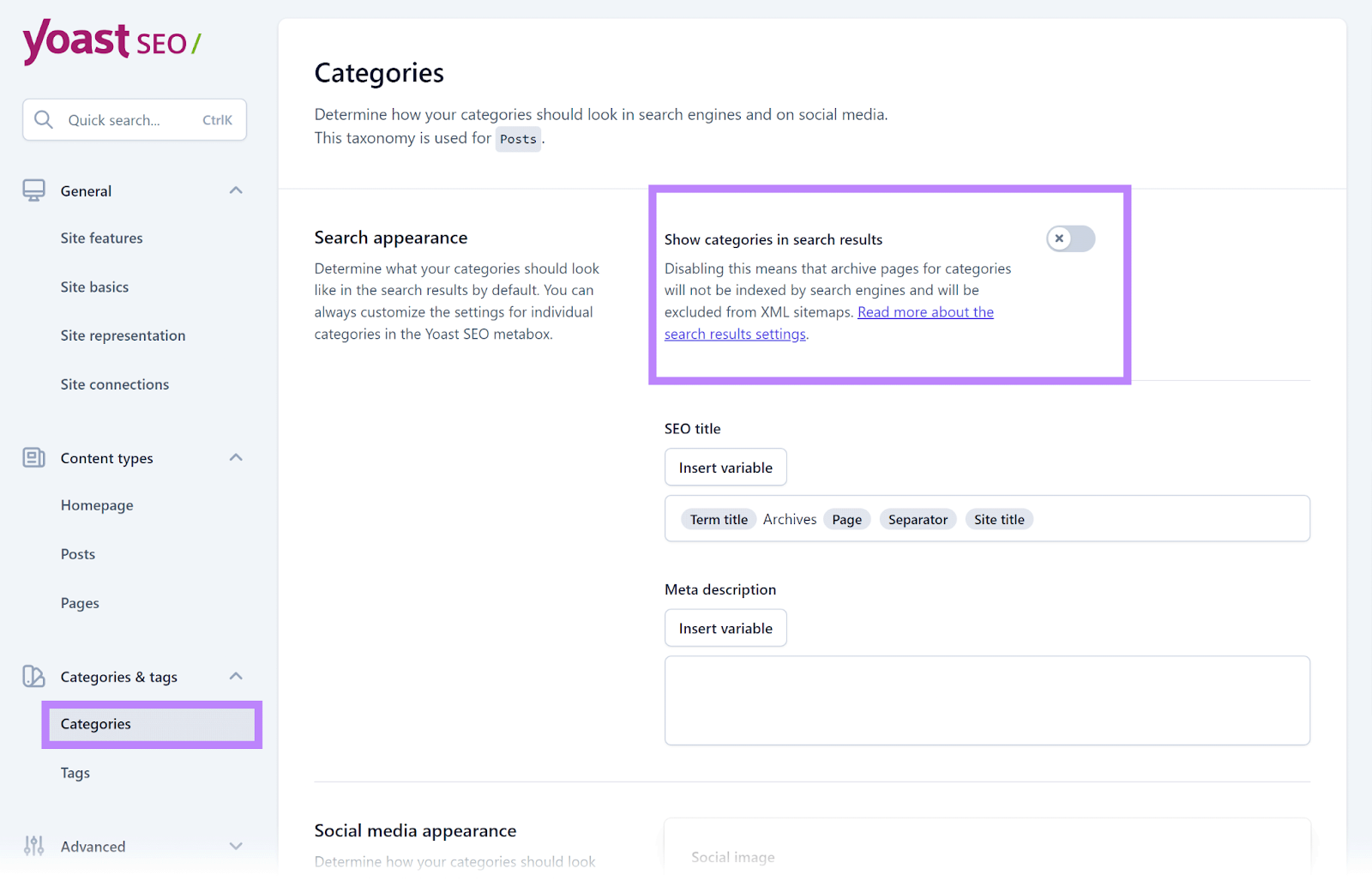 &ldquo;Categories&rdquo; page in Yoast, with the &ldquo;Show categories in search results&rdquo; option highlighted