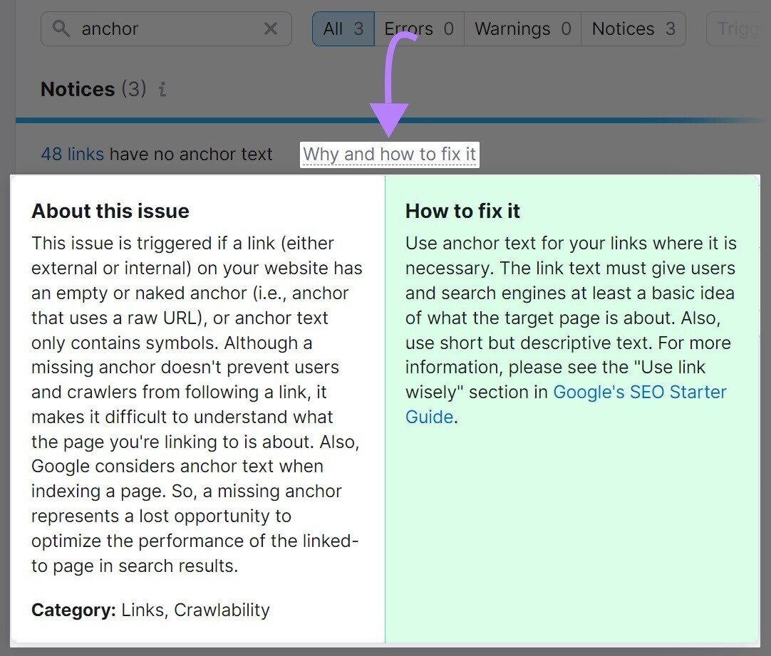 Why and how to fix it&rdquo; section example regarding anchor text