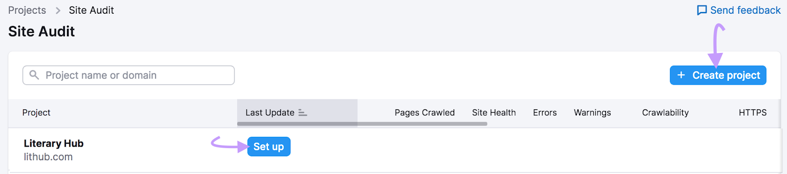 "+ Create project" button in Site Audit tool