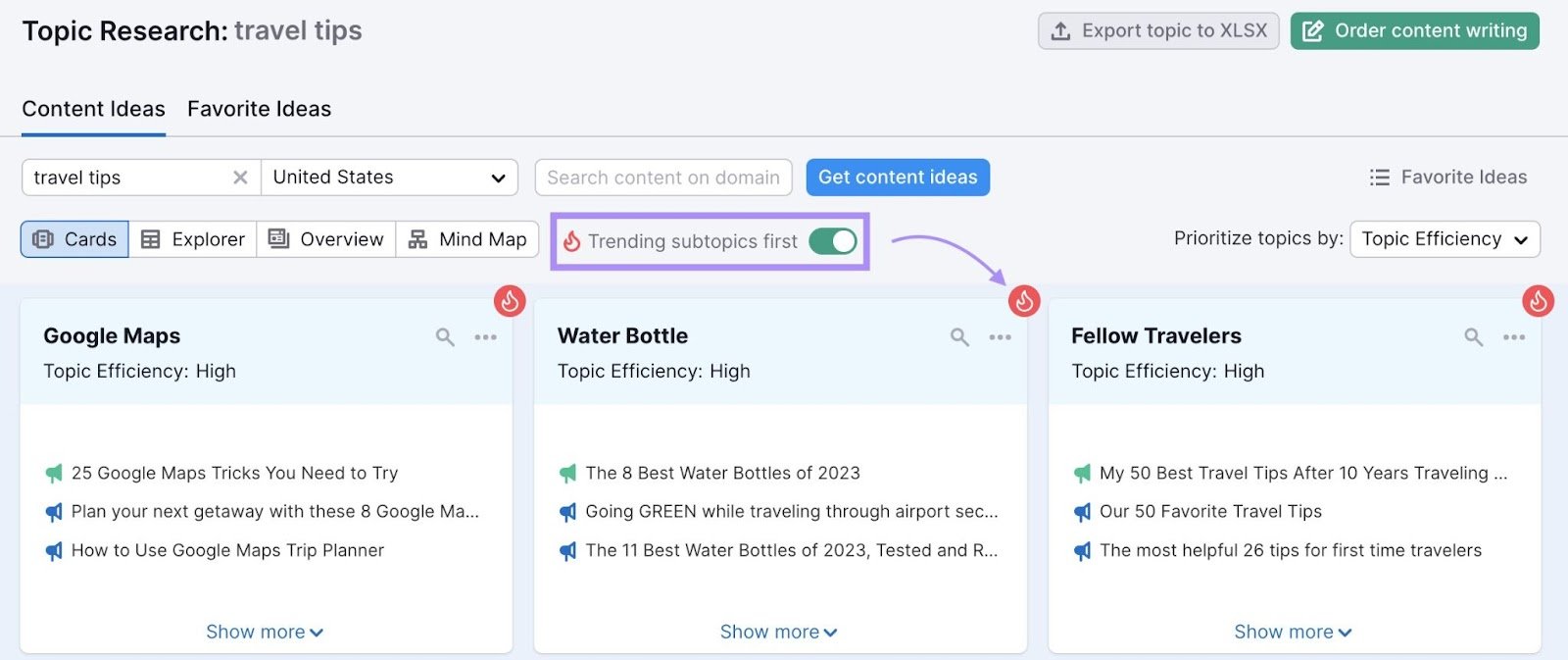 "Trending subtopics&nbsp;first" highlighted in the dashboard