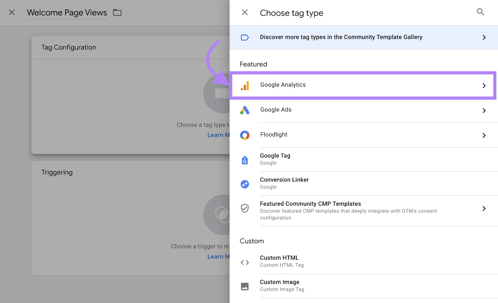 &ldquo;Google Analytics" selected under "Choose tag type" menu
