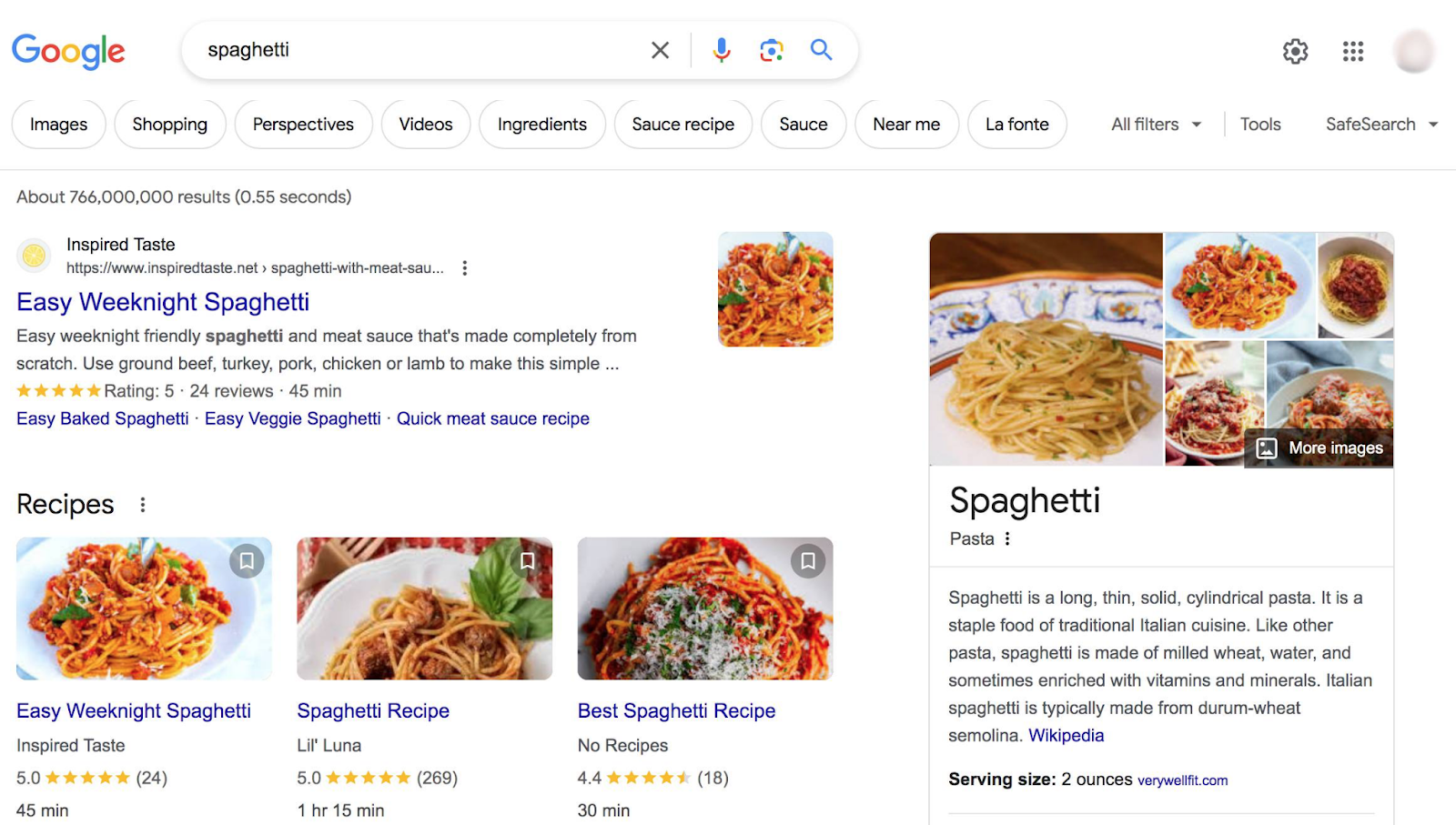 Top of Google's result for &ldquo;spaghetti&rdquo; query