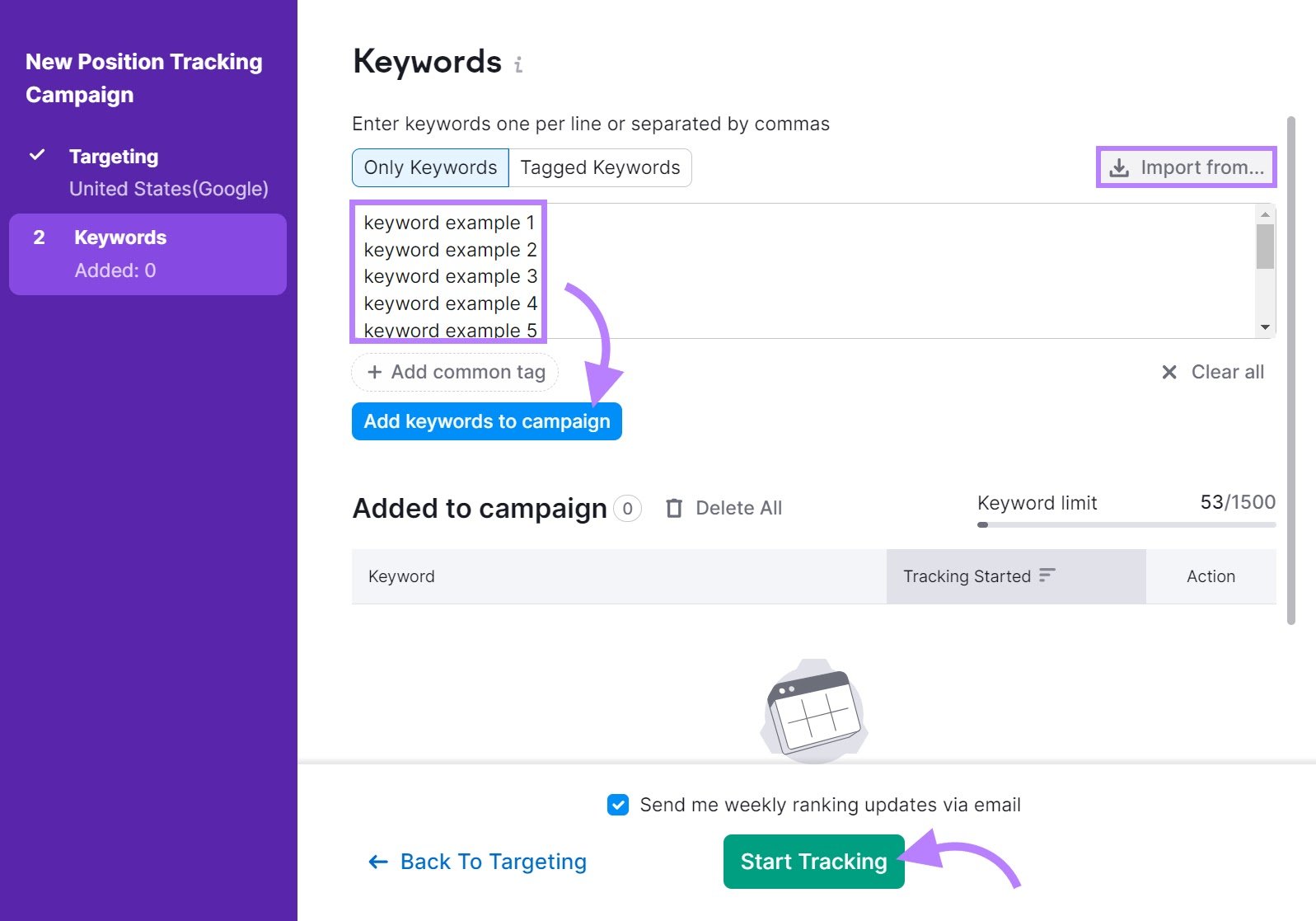 "Keywords" tab of the Position Tracking tool with "Import from" and "Start Tracking" buttons highlighted.