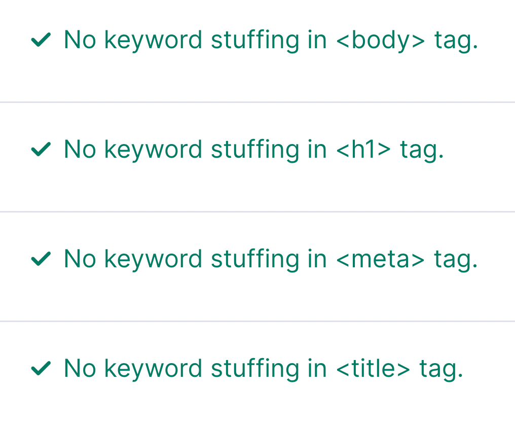 Content section of &ldquo;Optimization Ideas&rdquo; report in On Page SEO Checker showing that there's no keyword stuffing issues with body, h1, meta and title tags