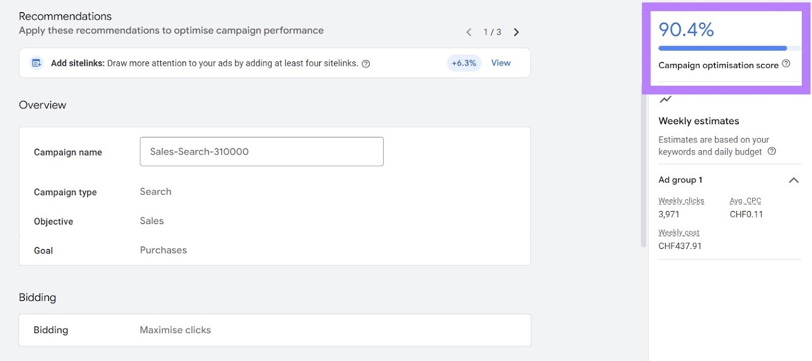 Campaign review page on Google ads showing an overview of the settings chosen with the campaign optimization score on the top-right highlighted.
