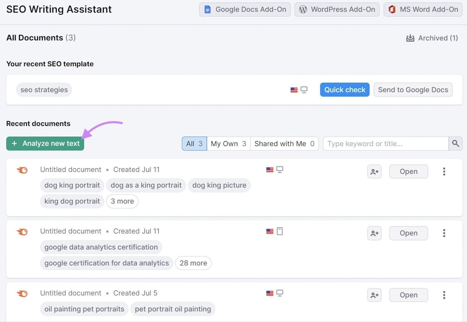 &ldquo;+ Analyze new text&rdquo; button highlighted in SEO Writing Assistant