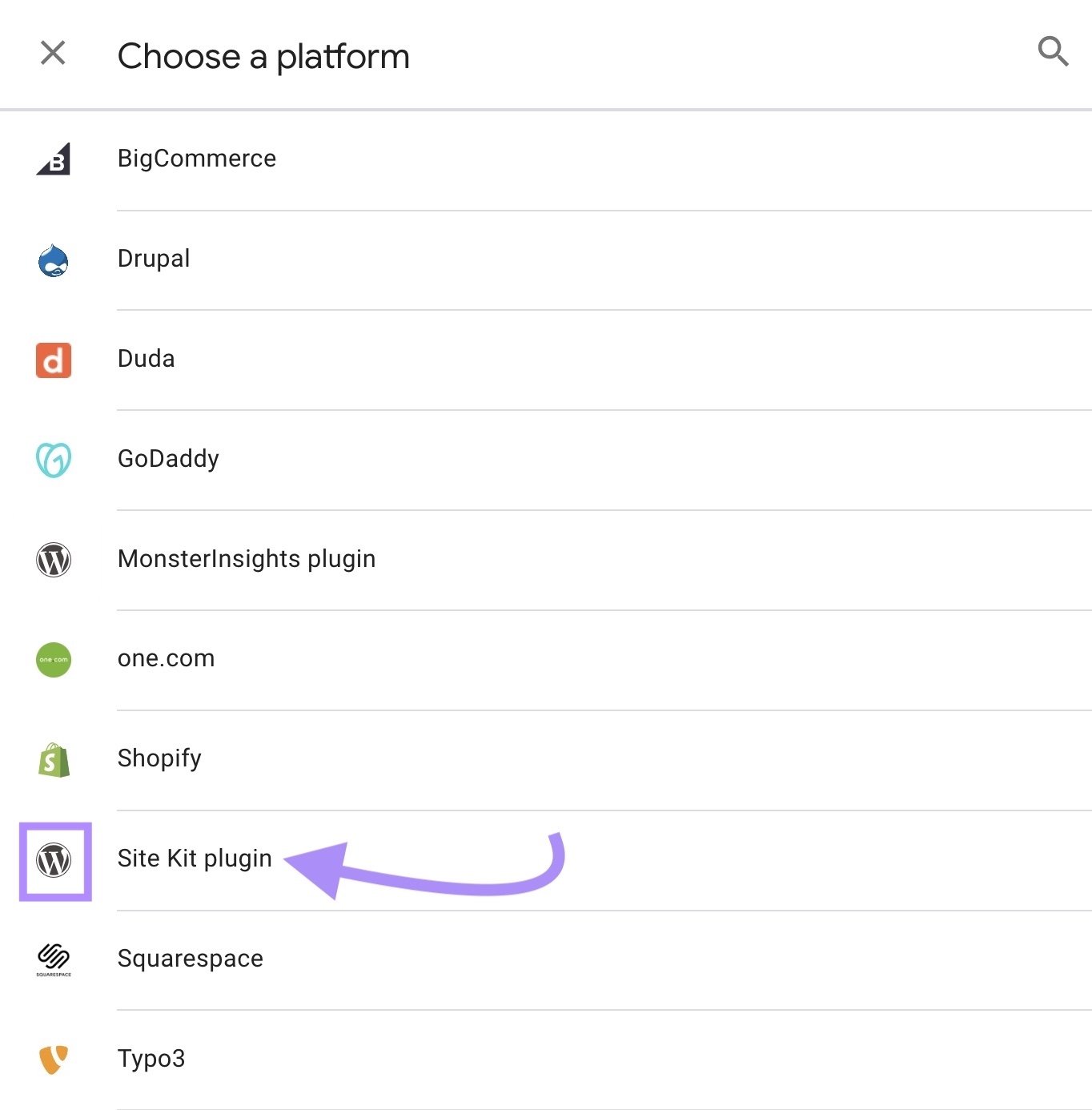 &ldquo;Site Kit Plugin&rdquo; selected from the drop-down menu