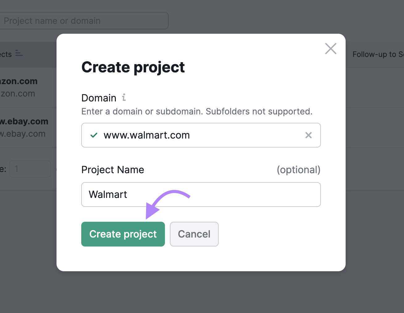 &ldquo;Create project&rdquo; section in Link Building Tool