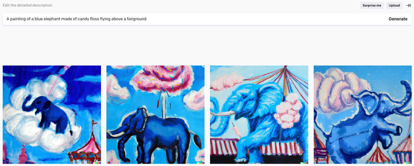 DALL-E results for &ldquo;a painting of a blue elephant made of candy floss flying above a fairground&rdquo; prompt