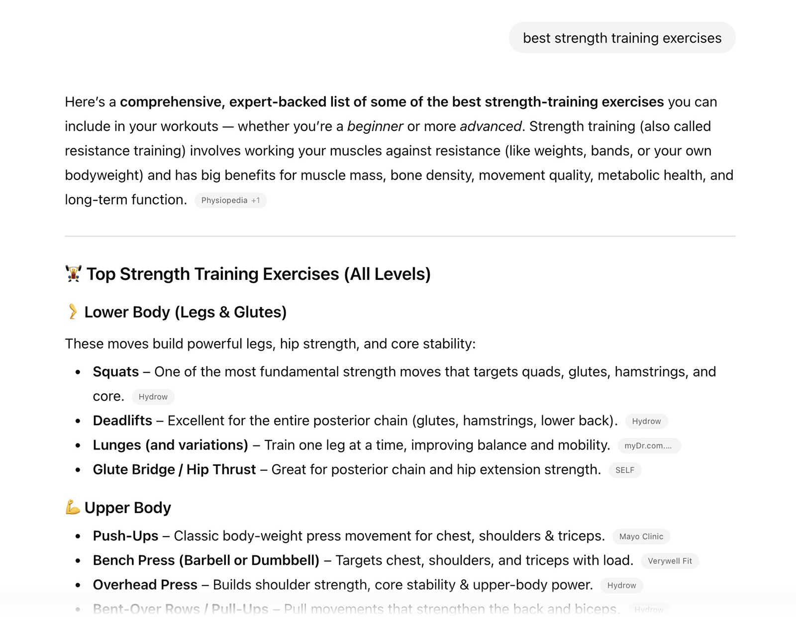 ChatGPT response for &ldquo;best strength training exercises&rdquo; with headings for lower body and upper body exercise lists.