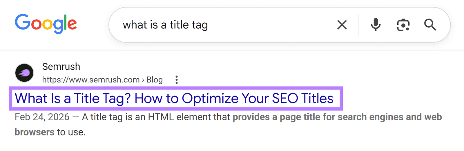 Google SERP showing a title tag example for &ldquo;What Is a Title Tag? How to Optimize Your SEO Titles.&rdquo;
