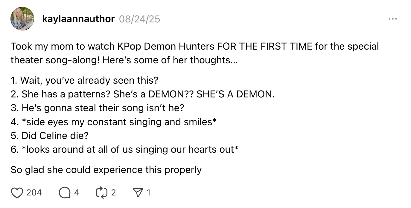 A UGC post of Threads praising the movie &ldquo;KPop Demon Hunters.&rdquo;