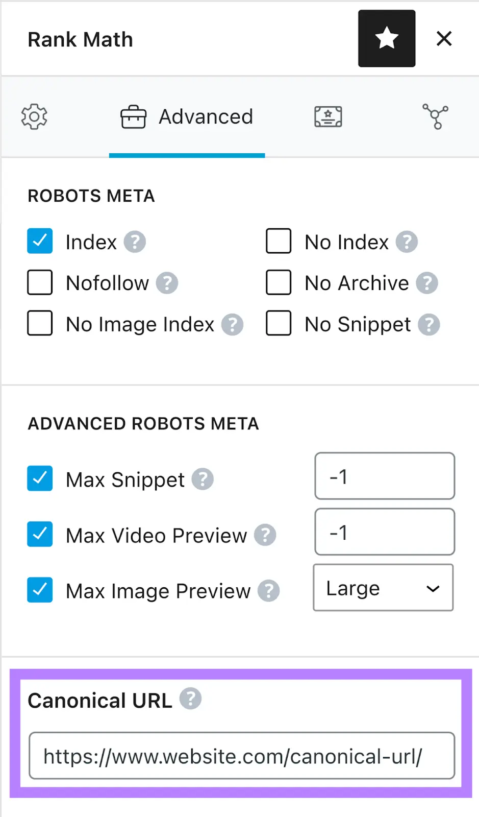 &ldquo;Advanced&rdquo; tab in &ldquo;Rank Math SEO&rdquo; box