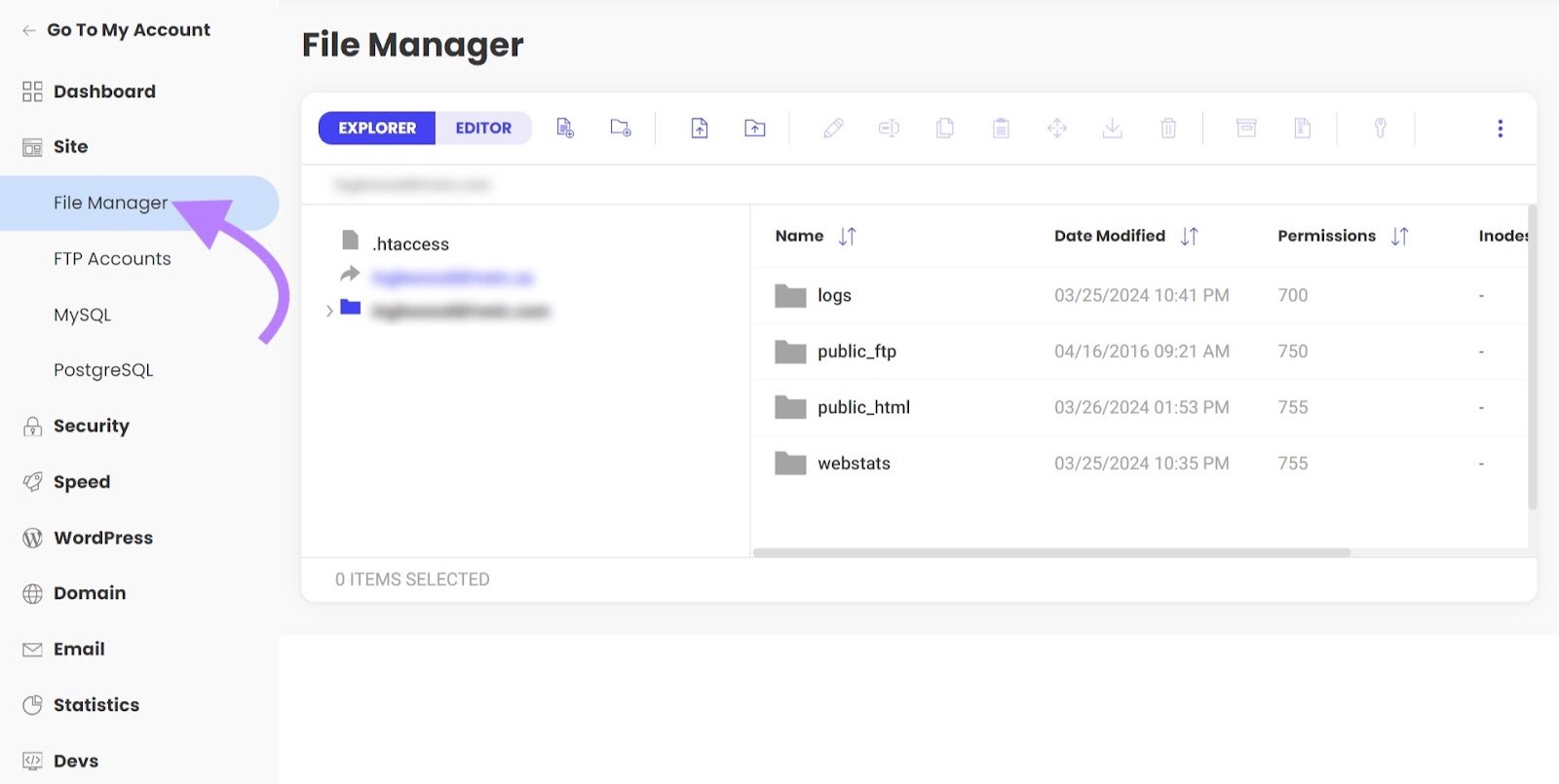 Web host file manager interface.