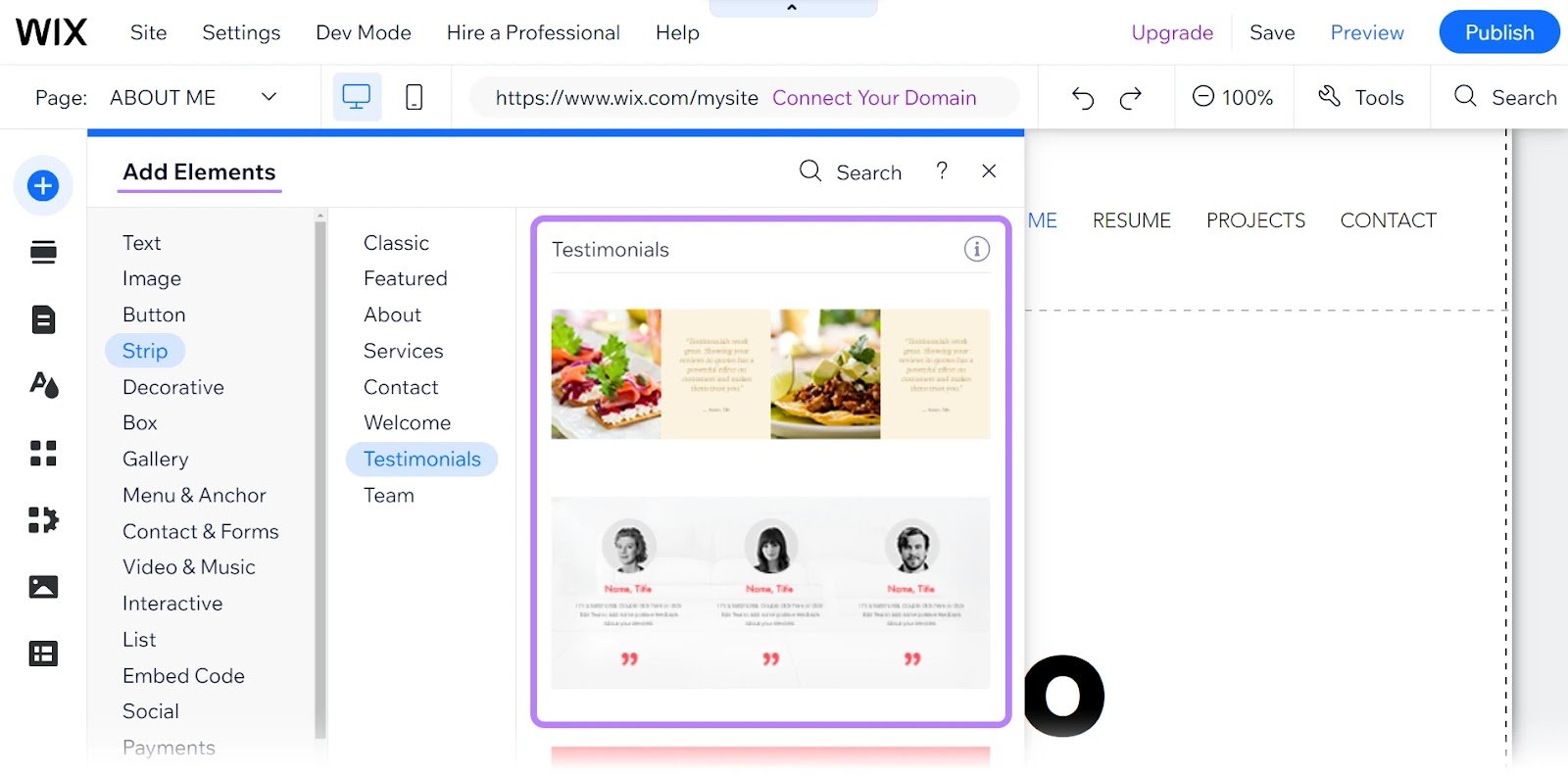 Wix&rsquo;s interface, showing selected template and editing options