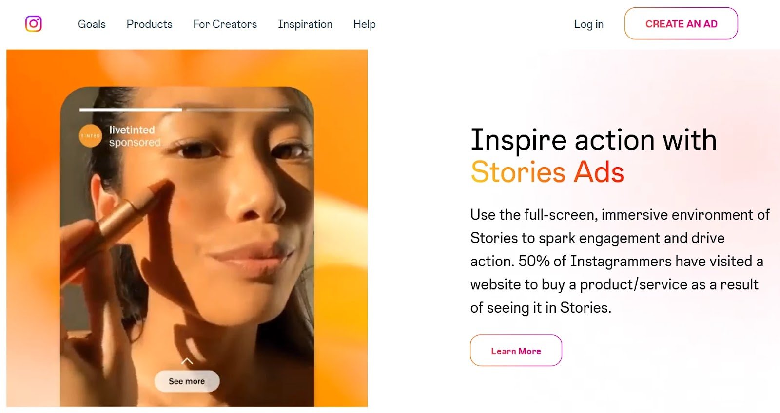 Instagram&rsquo;s advertising landing page for Stories Ads