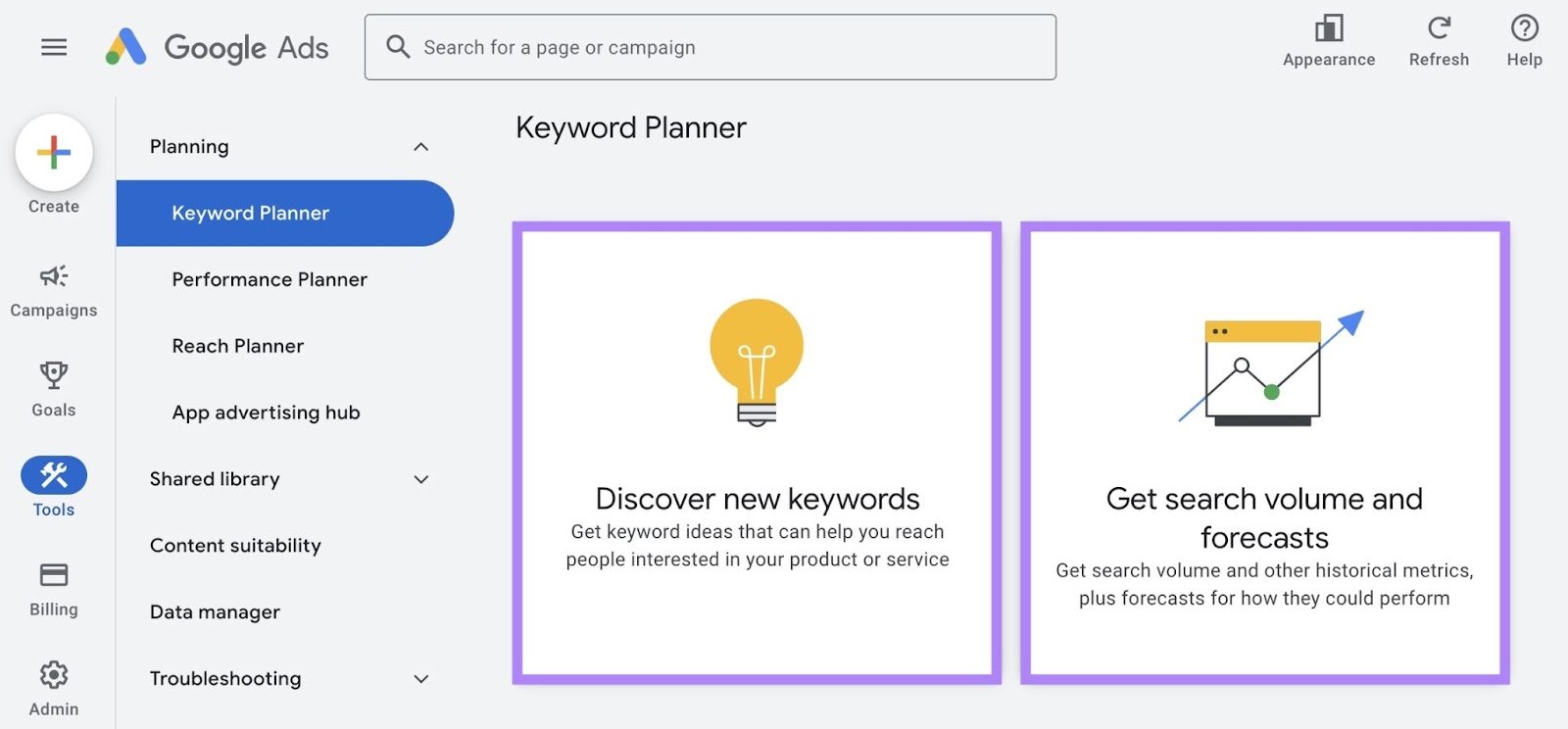 Google Keyword Planner home with &ldquo;Discover new keywords&rdquo; and &ldquo;Get search volume and forecasts&rdquo; boxes highlighted.