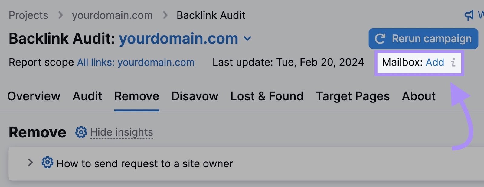 &ldquo;Mailbox: Add&rdquo; link in Backlink Audit