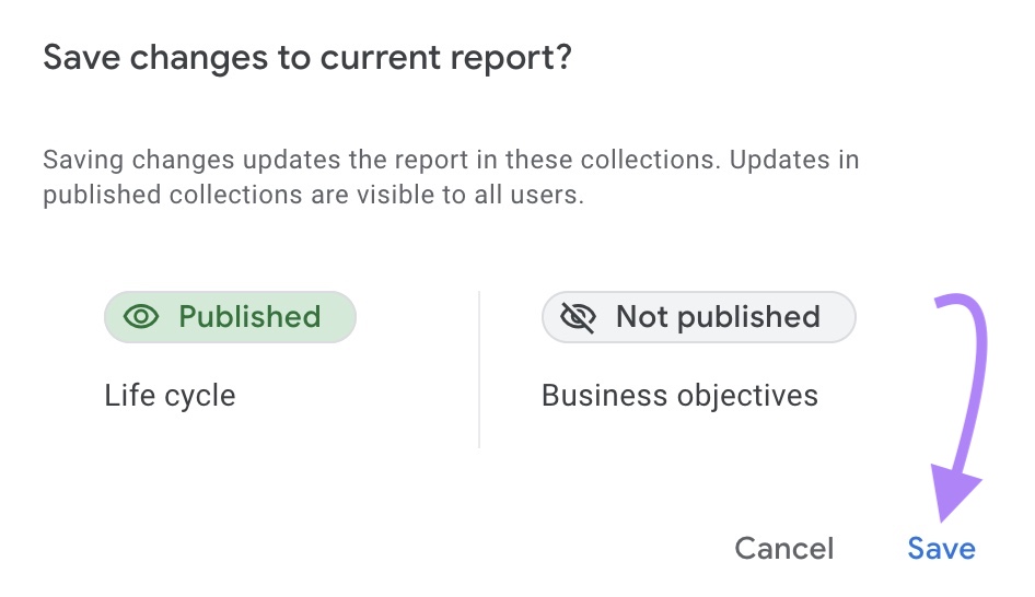 Window you see after clicking &ldquo;Save changes to current report&rdquo; with the "Save" button in the bottom-right corner clicked.